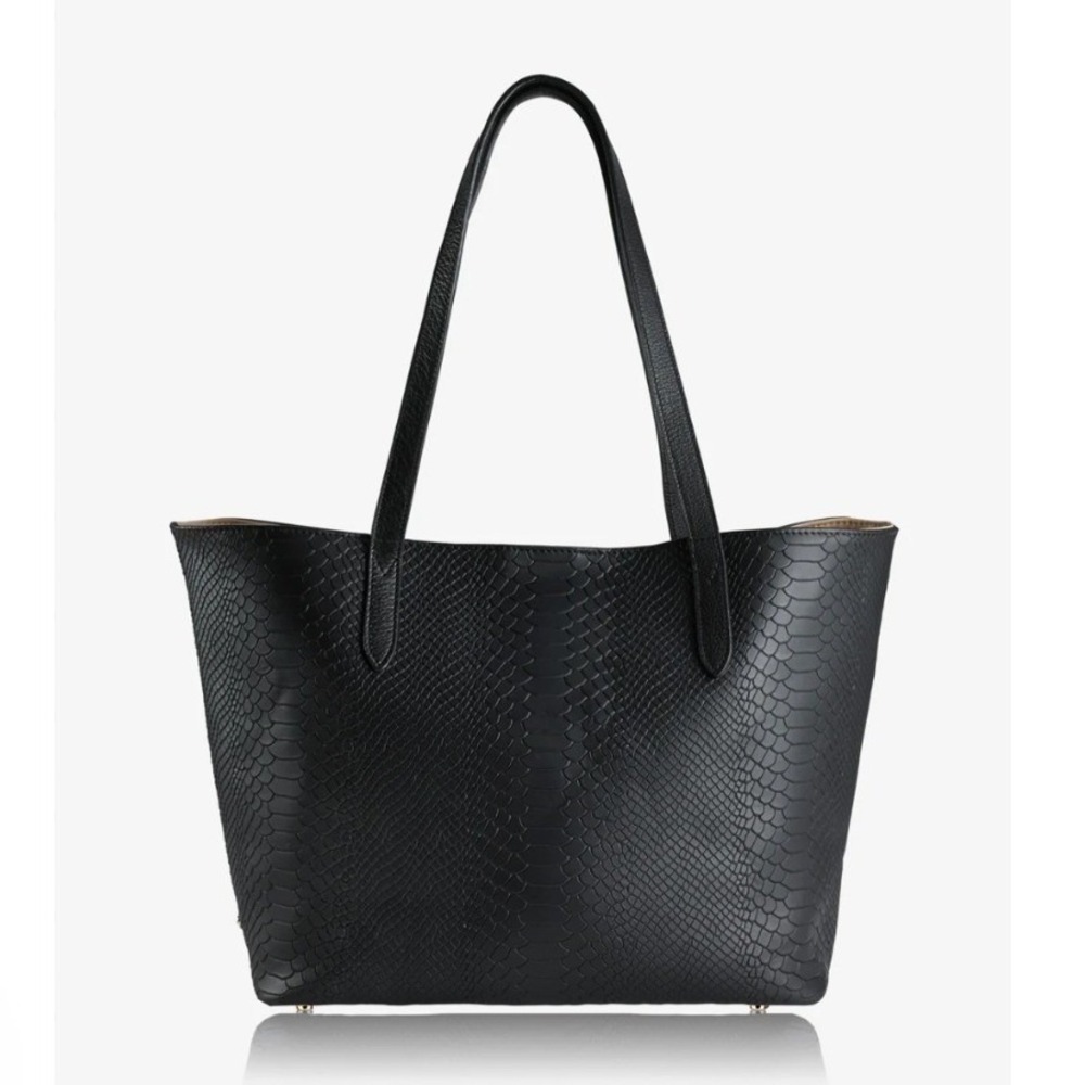 GiGi New York Teddie Python Embossed Black Leather Tote Bag Shoulder Strap‎